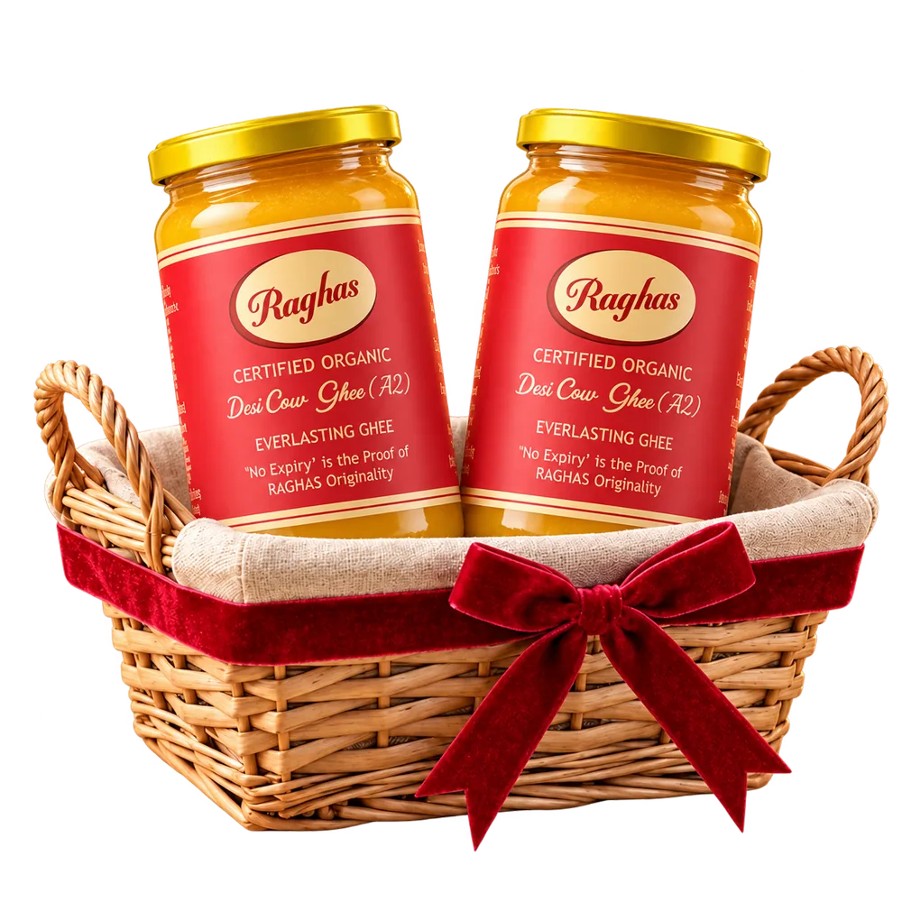 Raghas Diwali gift basket with two A2 desi cow ghee jars