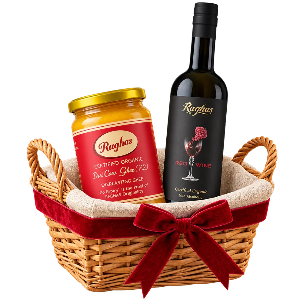 Diwali Combo 2 – A2 Ghee & Non-Alcoholic Red Wine festive basket