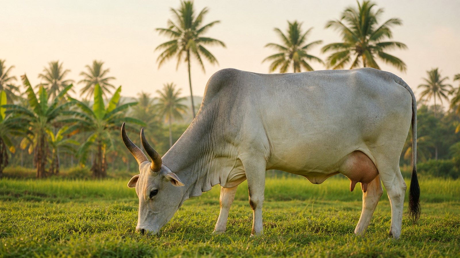 Female Kangeyam cow grazing in a Tamil Nadu farm field