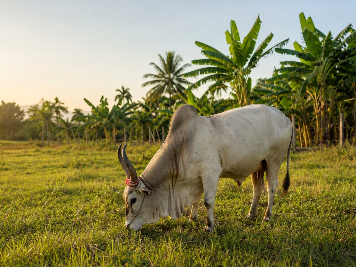 Tamil Nadu native desi cow grazing on a South Indian dairy farm