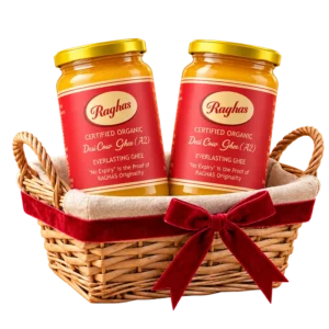 Diwali gift basket with two 500 ml Raghas A2 desi cow ghee jars