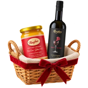 Diwali gift basket with Raghas A2 desi cow ghee and non-alcoholic red wine