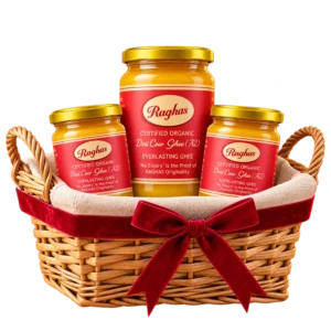 Diwali gift basket with one 500 ml and two 200 ml Raghas A2 desi cow ghee jars